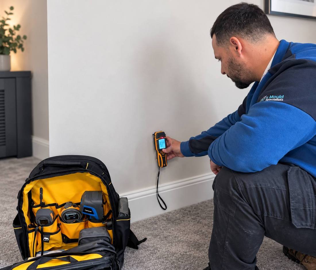 A Procure Group surveyor taking an atmospheric relative-humidity reading near a window during a damp and condensation assessment