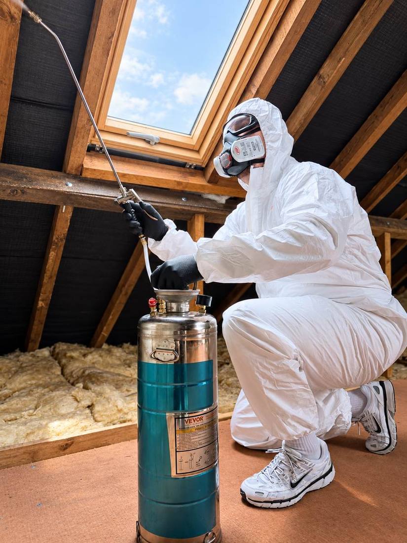 A Procure Group technician in protective equipment carrying out timber treatment in a contained work area in Bedford
