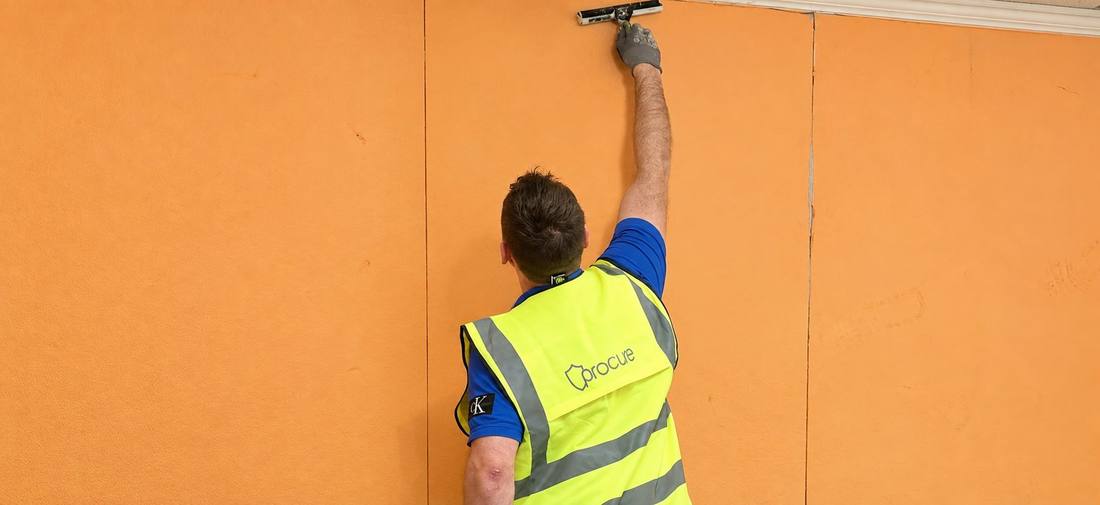 Procure Group technicians replastering a wall in Bedford following damp-proofing works